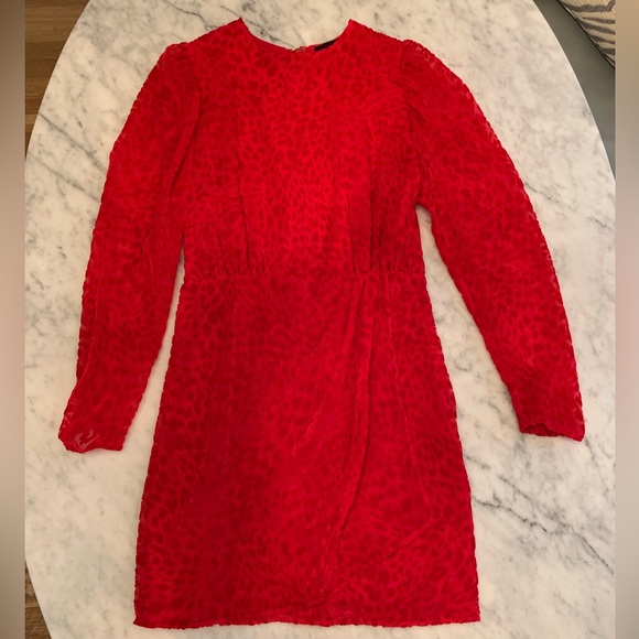 The Kooples red velvet burnout leopard print mini dress with long sleeves size 2 - Picture 8 of 14